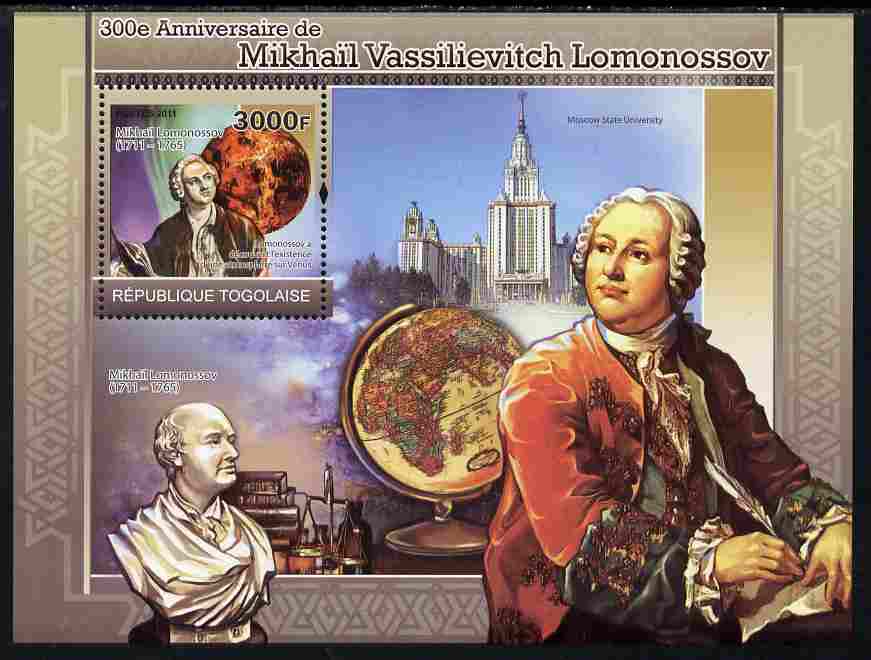 Togo 2011 300th Birth Anniversary of  Mikhail Lomonosov perf s/sheet unmounted mint, stamps on personalities, stamps on literature, stamps on science, stamps on space, stamps on 