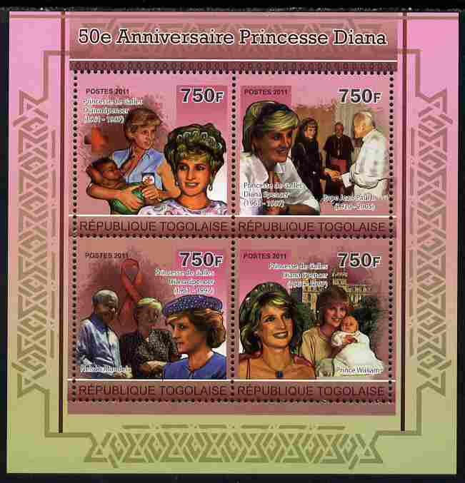 Togo 2011 50th Birth Anniversary of  Princess Diana perf sheetlet containing 4 values unmounted mint, stamps on personalities, stamps on royalty, stamps on diana, stamps on pope, stamps on mandela