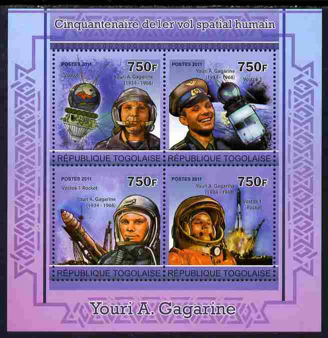 Togo 2011 50th Anniversary of First Manned Space Flight perf sheetlet containing 4 values unmounted mint, stamps on space, stamps on rockets, stamps on satellites, stamps on gagarin