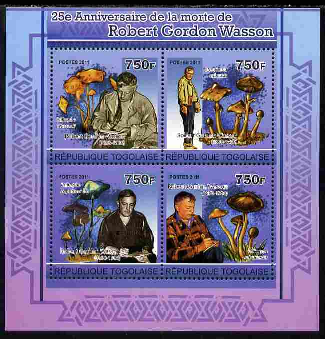 Togo 2011 25th Death Anniversary of  Robert Gordon Wasson perf sheetlet containing 4 values unmounted mint, stamps on personalities, stamps on literature, stamps on fungi