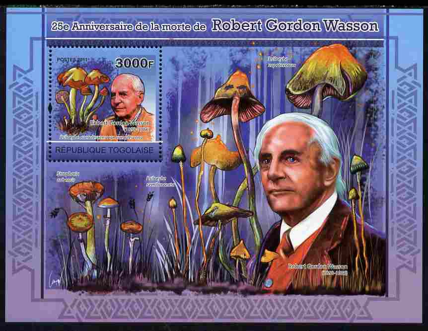 Togo 2011 25th Death Anniversary of  Robert Gordon Wasson perf s/sheet unmounted mint, stamps on personalities, stamps on literature, stamps on fungi