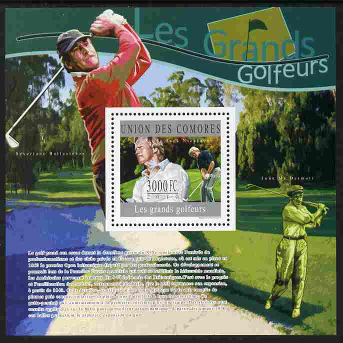 Comoro Islands 2010 Great Golfers perf s/sheet unmounted mint, stamps on personalities, stamps on sport, stamps on golf