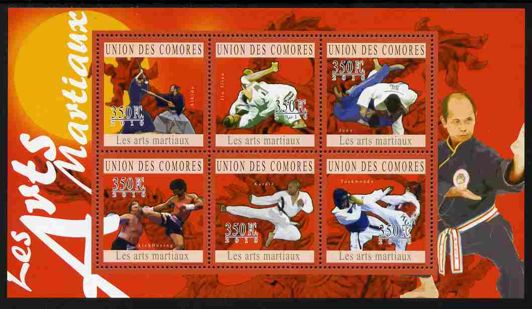 Comoro Islands 2010 Martial Arts perf sheetlet containing 6 values unmounted mint, stamps on sport, stamps on martial arts, stamps on judo.taekwondo