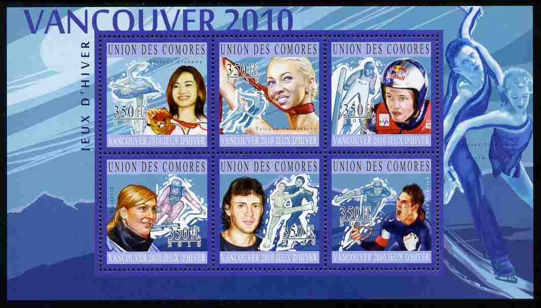 Comoro Islands 2010 Vancouver Olympic Winners perf sheetlet containing 6 values unmounted mint, stamps on sport, stamps on olympics, stamps on ice dance, stamps on ice skating, stamps on skiing