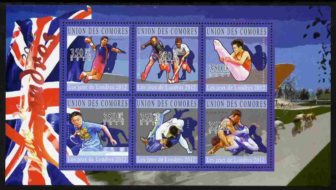 Comoro Islands 2010 London 2012 Olympics perf sheetlet containing 6 values unmounted mint, stamps on sport, stamps on olympics, stamps on handball, stamps on field hockey, stamps on  gym , stamps on gymnastics, stamps on table tennis, stamps on judo, stamps on wrestling, stamps on london, stamps on martial arts
