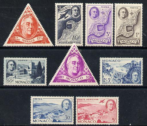 Monaco 1946 Pres Roosevelt Commem set of 9 (lightly mounted mint) SG 327-35, stamps on constitutions, stamps on americana, stamps on personalities, stamps on teddy bears, stamps on usa presidents, stamps on nato