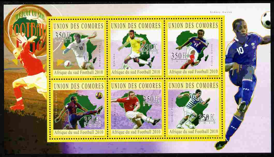 Comoro Islands 2010 South African Footballers #1 perf sheetlet containing 6 values unmounted mint, stamps on sport, stamps on football
