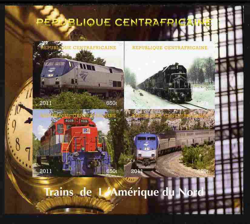 Central African Republic 2011 Railways - Trains of North America imperf sheetlet containing 4 values unmounted mint. Note this item is privately produced and is offered purely on its thematic appeal, stamps on railways, stamps on clocks
