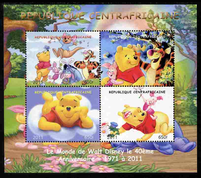 Central African Republic 2011 Winnie the Pooh perf sheetlet containing 4 values unmounted mint. Note this item is privately produced and is offered purely on its thematic..., stamps on disney, stamps on films, stamps on cinema, stamps on movies, stamps on bears, stamps on fairy tales