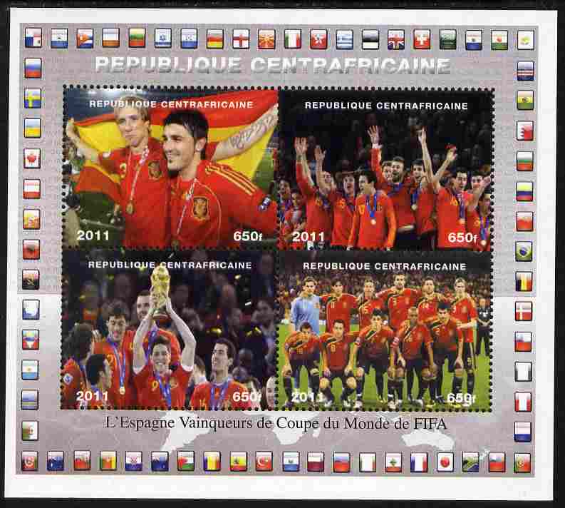Central African Republic 2011 Football World Cup Winners - Spain perf sheetlet containing 4 values unmounted mint. Note this item is privately produced and is offered pur..., stamps on football