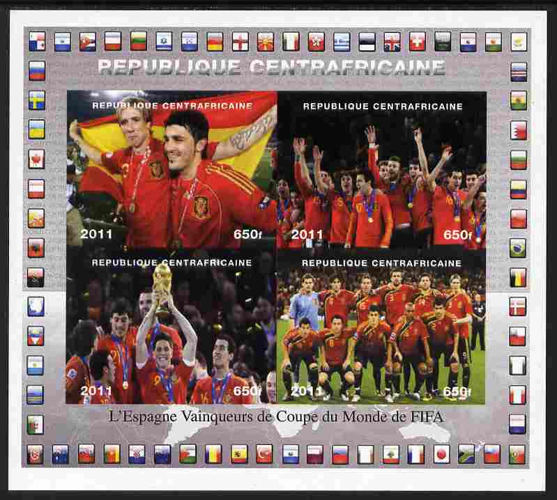 Central African Republic 2011 Football World Cup Winners - Spain imperf sheetlet containing 4 values unmounted mint. Note this item is privately produced and is offered p..., stamps on football