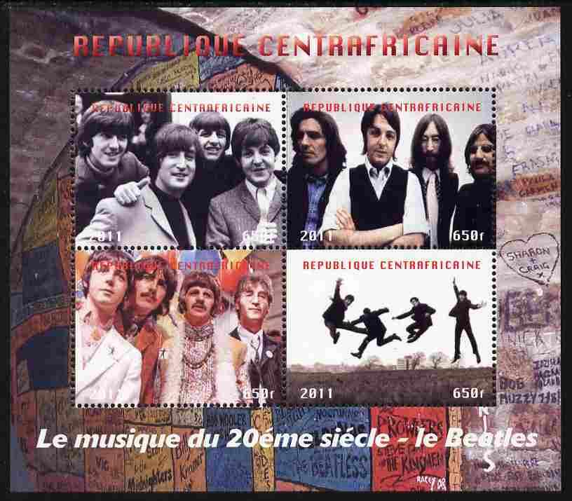 Central African Republic 2011 The Beatles #1 perf sheetlet containing 4 values unmounted mint. Note this item is privately produced and is offered purely on its thematic ..., stamps on personalities, stamps on beatles, stamps on pops, stamps on music, stamps on rock