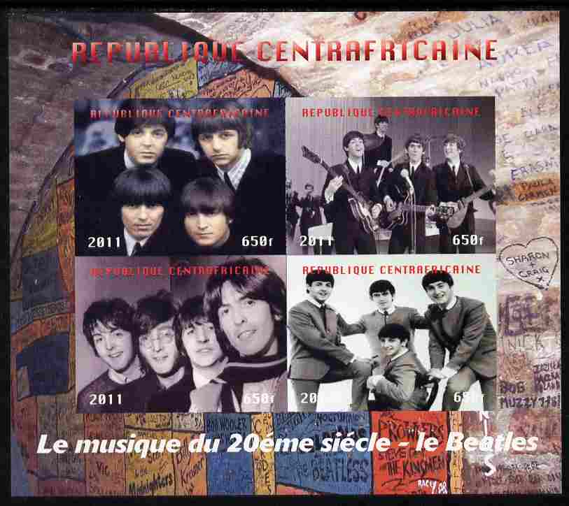 Central African Republic 2011 The Beatles #2 imperf sheetlet containing 4 values unmounted mint. Note this item is privately produced and is offered purely on its themati..., stamps on personalities, stamps on beatles, stamps on pops, stamps on music, stamps on rock