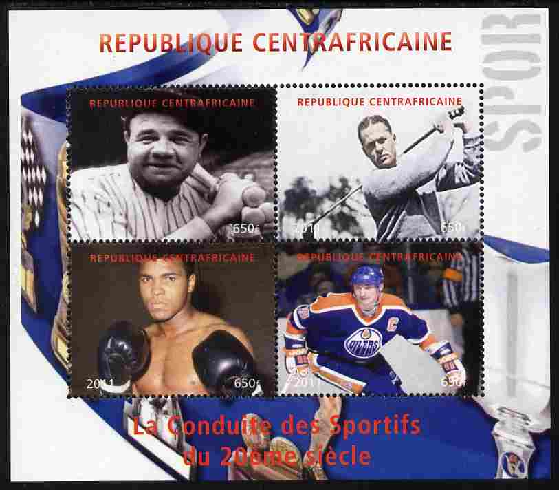 Central African Republic 2011 Sportsmen of the 20th Century perf sheetlet containing 4 values unmounted mint. Note this item is privately produced and is offered purely o..., stamps on personalities, stamps on sport, stamps on baseball, stamps on golf, stamps on boxing, stamps on ice hockey