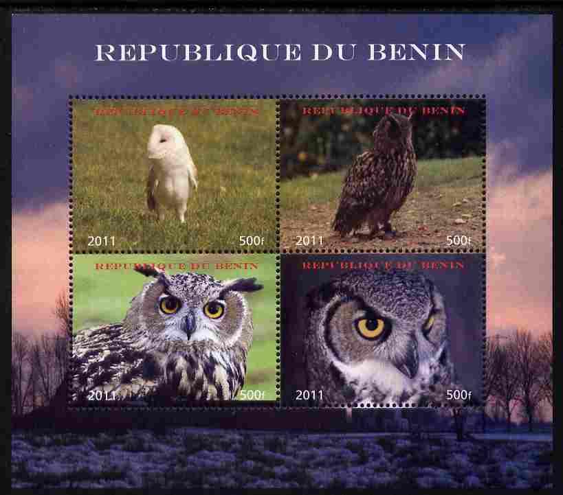 Benin 2011 Owls perf sheetlet containing 4 values unmounted mint. Note this item is privately produced and is offered purely on its thematic appeal, stamps on birds, stamps on birds of prey, stamps on owls