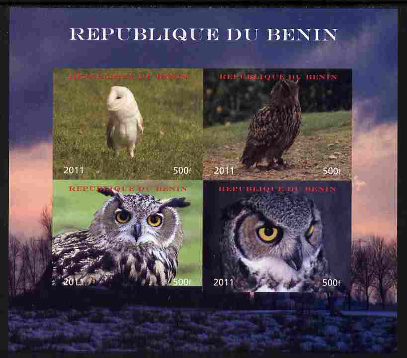Benin 2011 Owls imperf sheetlet containing 4 values unmounted mint. Note this item is privately produced and is offered purely on its thematic appeal, stamps on , stamps on  stamps on birds, stamps on  stamps on birds of prey, stamps on  stamps on owls