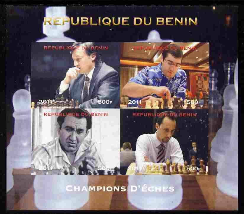Benin 2011 Chess Champions imperf sheetlet containing 4 values unmounted mint. Note this item is privately produced and is offered purely on its thematic appeal, stamps on personalities, stamps on chess