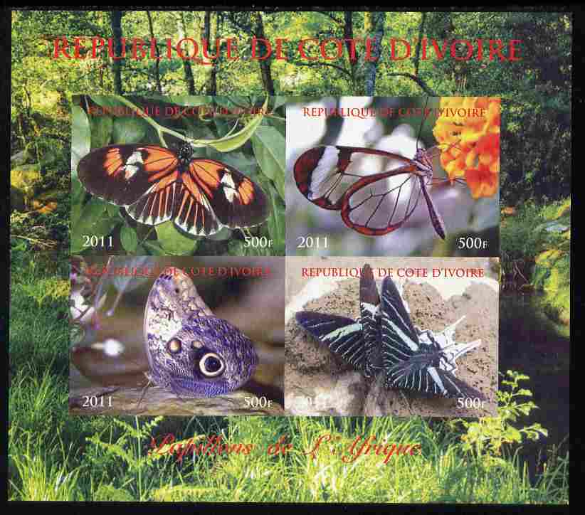 Ivory Coast 2011 Butterflies of Africa imperf sheetlet containing 4 values unmounted mint. Note this item is privately produced and is offered purely on its thematic appe..., stamps on butterflies