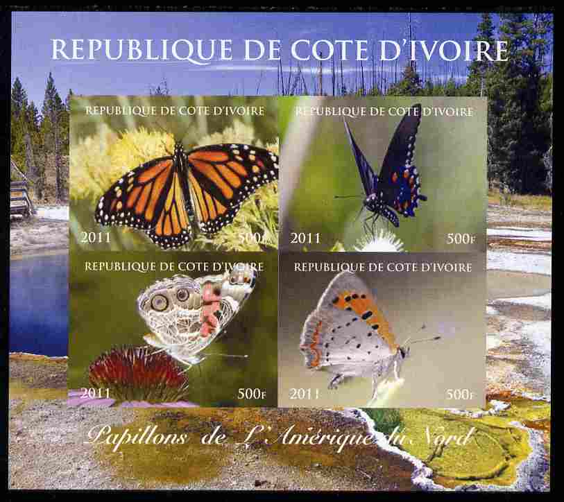 Ivory Coast 2011 Butterflies of North America imperf sheetlet containing 4 values unmounted mint. Note this item is privately produced and is offered purely on its themat..., stamps on butterflies