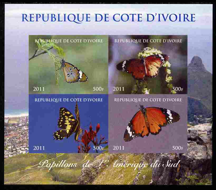 Ivory Coast 2011 Butterflies of South America imperf sheetlet containing 4 values unmounted mint. Note this item is privately produced and is offered purely on its thematic appeal, stamps on butterflies