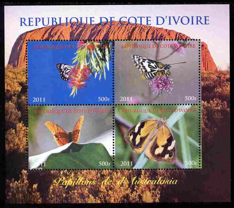 Ivory Coast 2011 Butterflies of Australasia perf sheetlet containing 4 values unmounted mint. Note this item is privately produced and is offered purely on its thematic appeal, stamps on , stamps on  stamps on butterflies