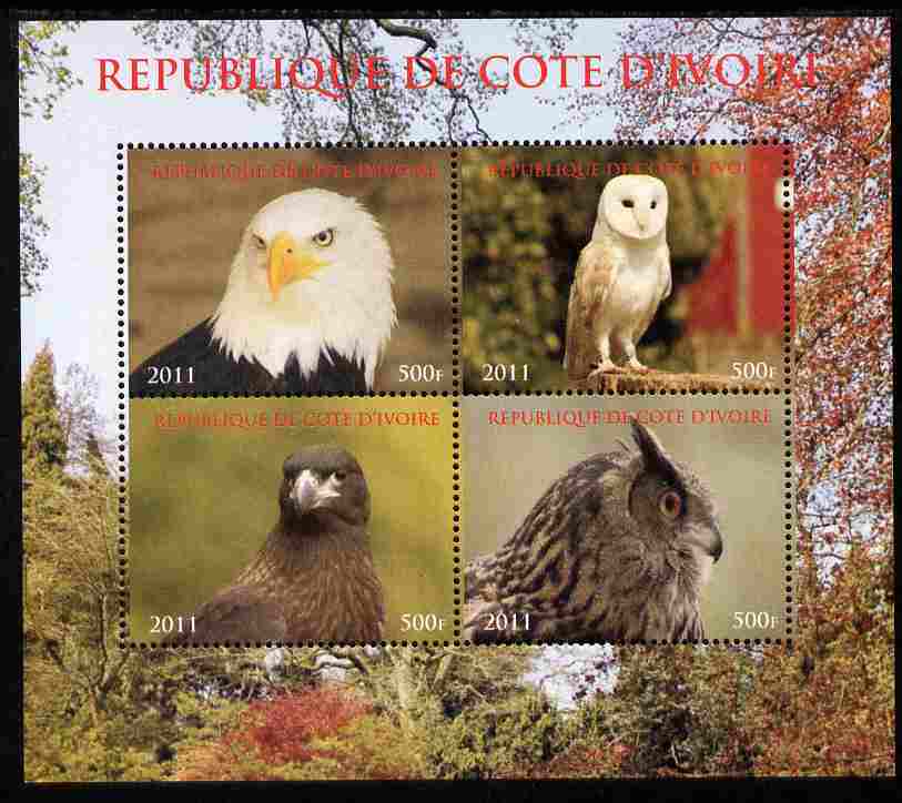 Ivory Coast 2011 Birds of Prey - Owls perf sheetlet containing 4 values unmounted mint. Note this item is privately produced and is offered purely on its thematic appeal, stamps on birds, stamps on birds of prey, stamps on owls