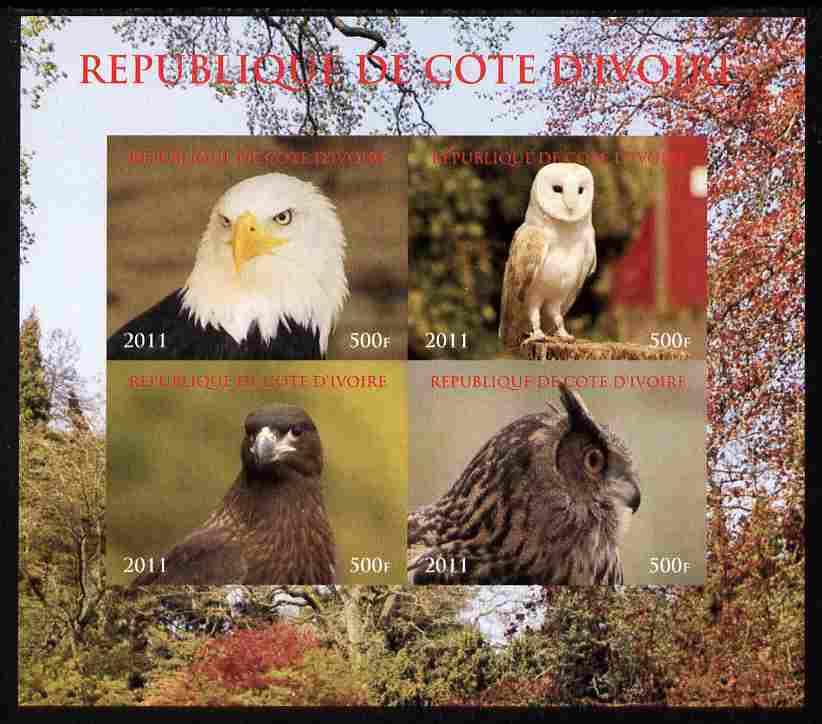 Ivory Coast 2011 Birds of Prey - Owls imperf sheetlet containing 4 values unmounted mint. Note this item is privately produced and is offered purely on its thematic appeal, stamps on , stamps on  stamps on birds, stamps on  stamps on birds of prey, stamps on  stamps on owls
