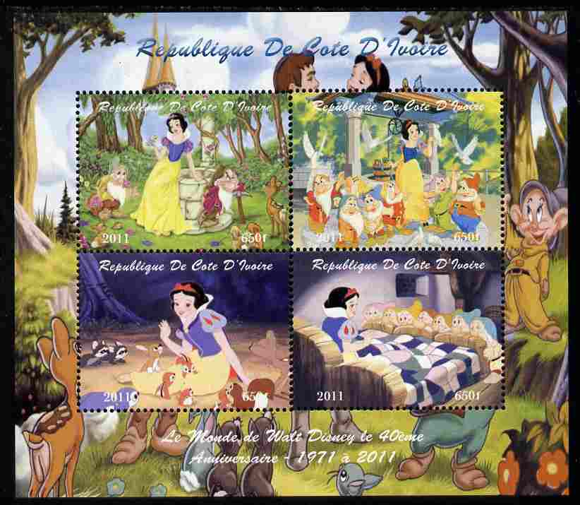 Ivory Coast 2011 The World of Walt Disney - Snow White perf sheetlet containing 4 values unmounted mint. Note this item is privately produced and is offered purely on its thematic appeal, it has no postal validity, stamps on disney, stamps on films, stamps on cinema, stamps on movies, stamps on cartoons, stamps on 
