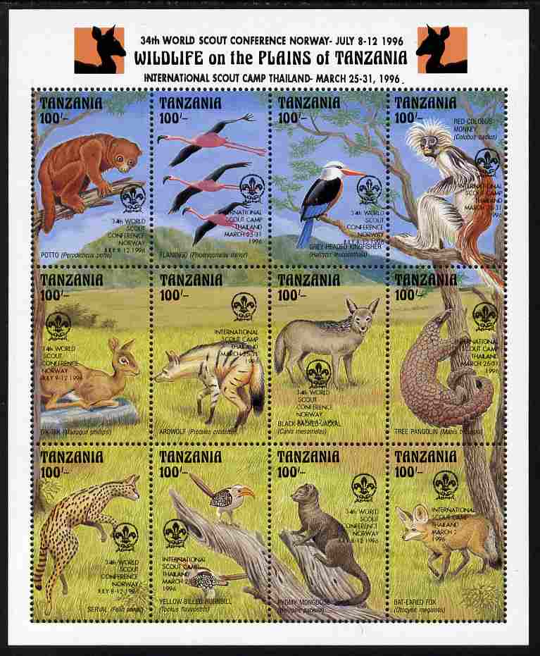 Tanzania 1996 World Scout Conference overprinted on 1993 Wildlife sheetlet of 16 values unmounted mint, stamps on scouts, stamps on animals, stamps on birds, stamps on apes, stamps on dogs, stamps on cats, stamps on foxes