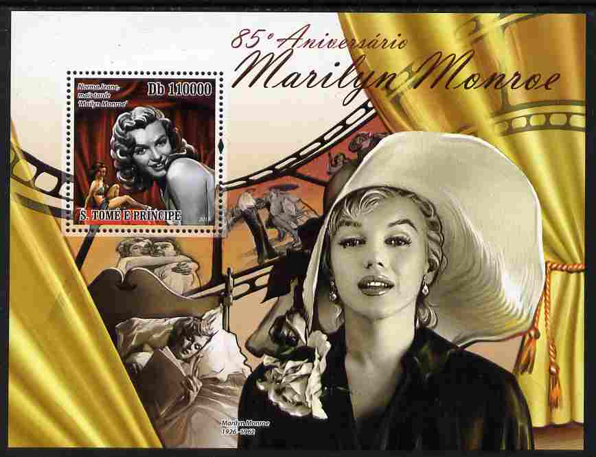 St Thomas & Prince Islands 2011 85th Birth Anniversary of Marilyn Monroe perf s/sheet unmounted mint, stamps on personalities, stamps on films, stamps on cinema, stamps on movies, stamps on music, stamps on marilyn, stamps on monroe