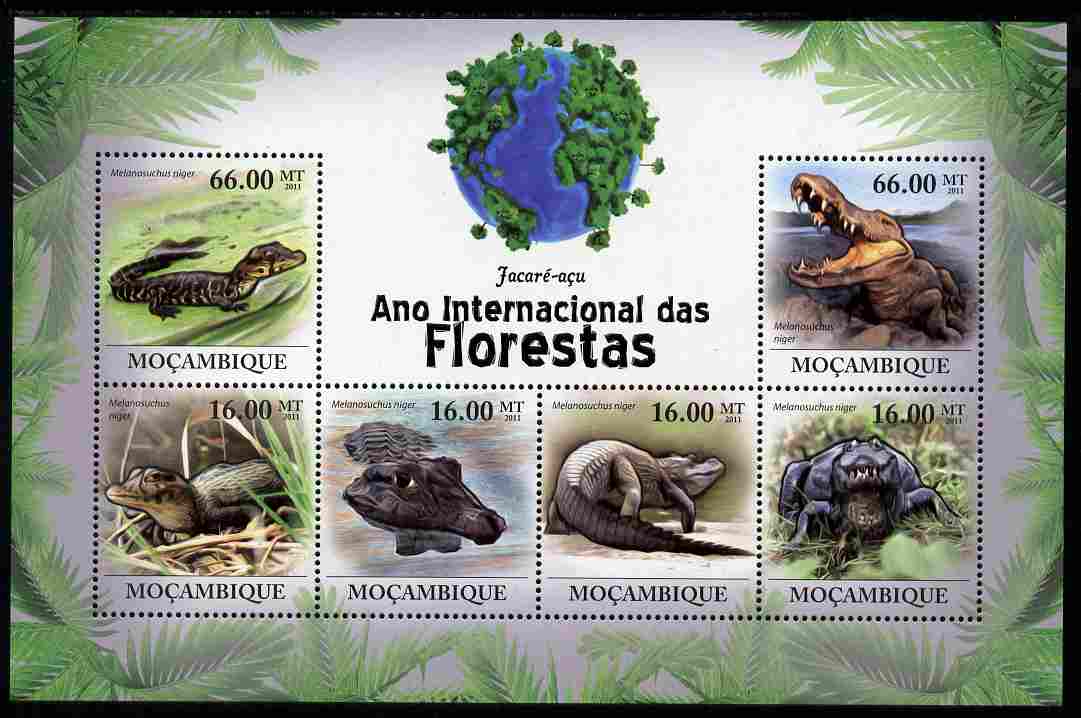 Mozambique 2011 International Year of Forests - Crocodiles perf sheetlet containing 6 values unmounted mint, stamps on forests, stamps on trees, stamps on animals, stamps on crocodiles
