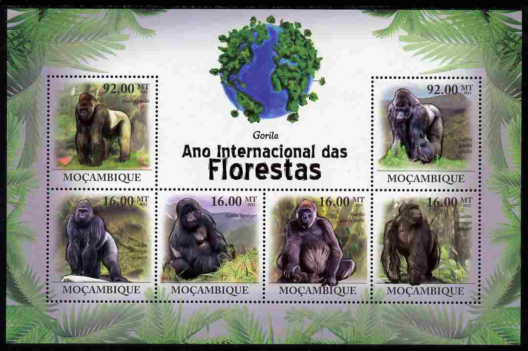 Mozambique 2011 International Year of Forests - Gorillas perf sheetlet containing 6 values unmounted mint, stamps on forests, stamps on trees, stamps on animals, stamps on apes, stamps on gorillas