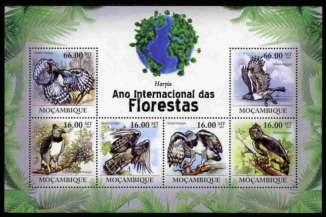Mozambique 2011 International Year of Forests - Harpy Eagle perf sheetlet containing 6 values unmounted mint, stamps on forests, stamps on trees, stamps on birds, stamps on birds of prey, stamps on eagles