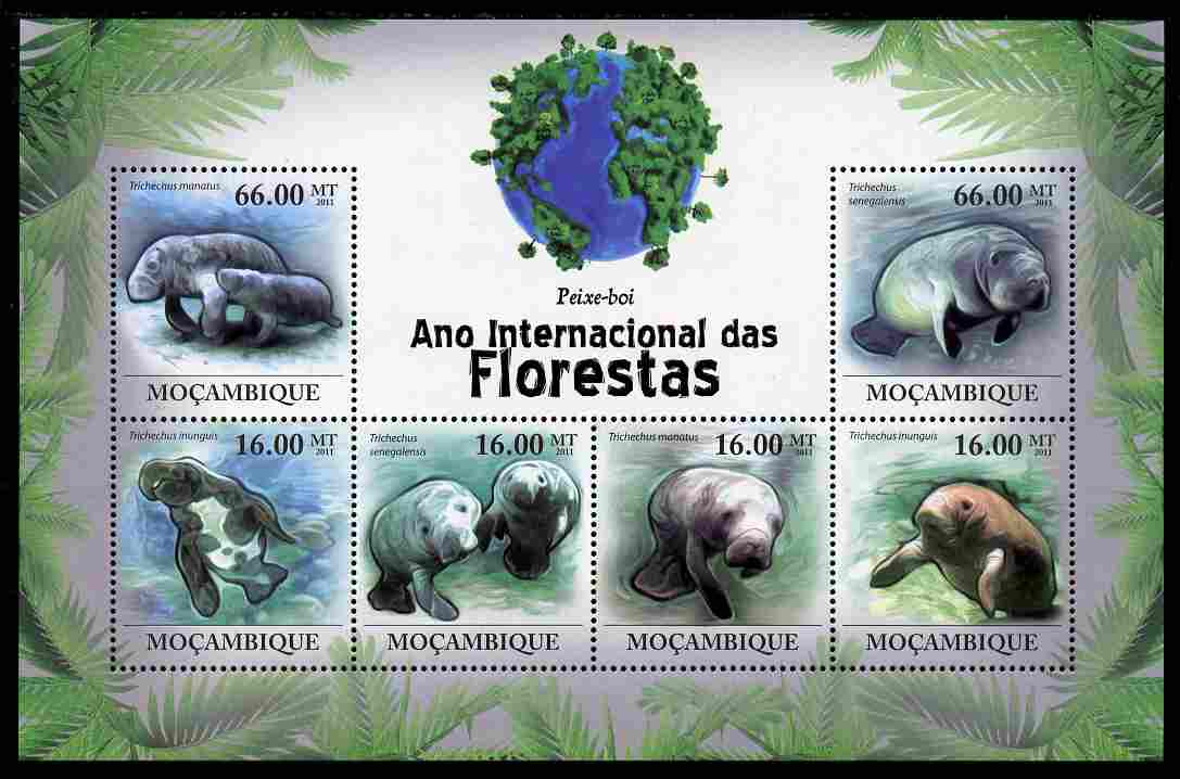 Mozambique 2011 International Year of Forests - Manatees perf sheetlet containing 6 values unmounted mint, stamps on forests, stamps on trees, stamps on animals, stamps on marine life, stamps on manatees