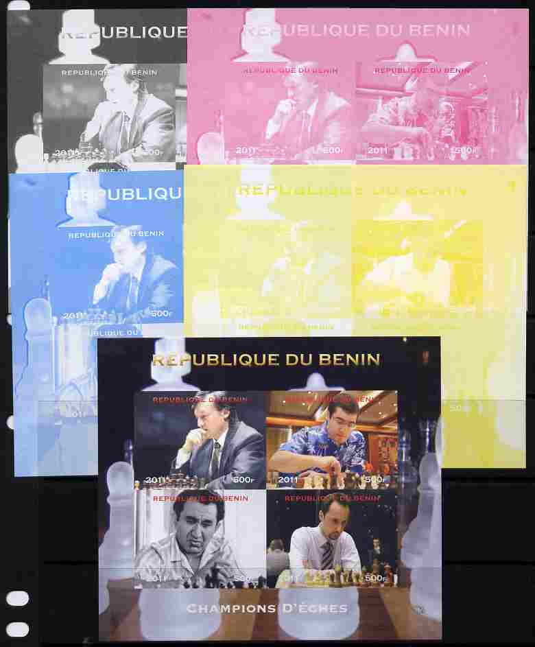Benin 2011 Chess Champions sheetlet containing 4 values - the set of 5 imperf progressive proofs comprising the 4 individual colours plus all 4-colour composite, unmounte..., stamps on personalities, stamps on chess