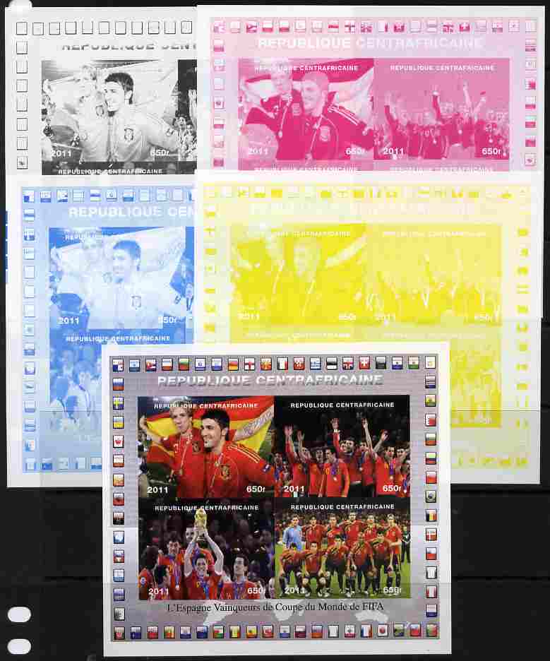 Central African Republic 2011 Football World Cup Winners - Spain sheetlet containing 4 values - the set of 5 imperf progressive proofs comprising the 4 individual colours..., stamps on football