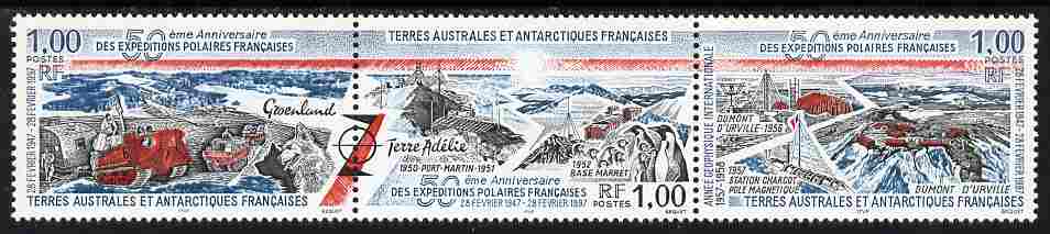 French Southern & Antarctic Territories 1997 50th Anniversary of First French Expedition se-tenant strip of 3 unmounted mint SG 374a, stamps on polar, stamps on explorers, stamps on transport, stamps on penguins