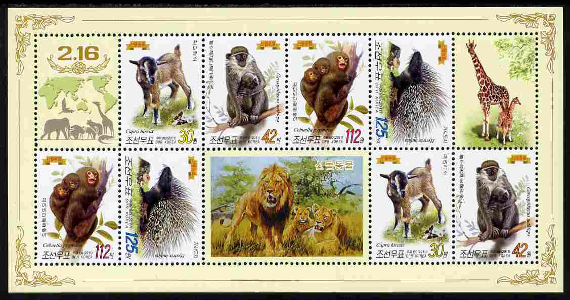 North Korea 2011 Animals perf sheetlet containing 8 values (2 sets of 4) plus labels unmounted mint, stamps on animals, stamps on cats, stamps on lions, stamps on apes, stamps on giraffes