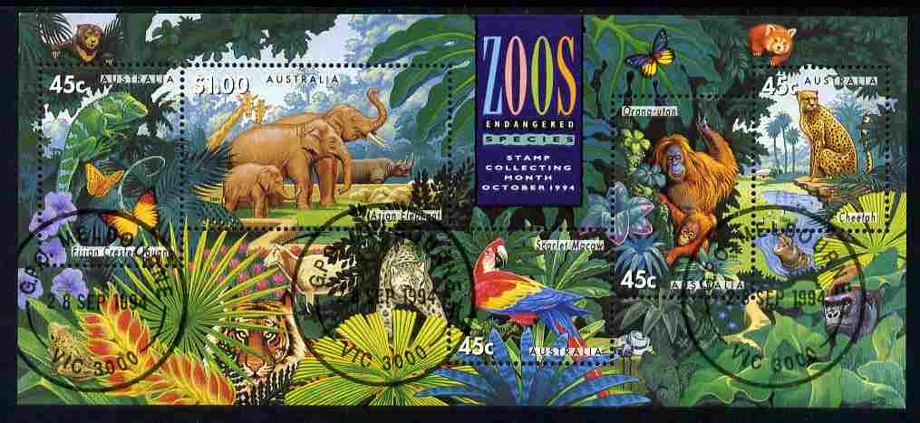 Australia 1994 Zoos m/sheet fine cds used SG MS 1484, stamps on birds, stamps on zoos, stamps on parrots, stamps on cheetah, stamps on cats, stamps on animals, stamps on elephants, stamps on hippo, stamps on apes, stamps on reptiles, stamps on  zoo , stamps on , stamps on  zoo , stamps on zoos, stamps on 