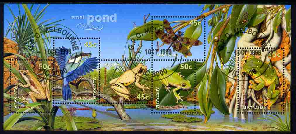 Australia 1999 Small Pond Life m/sheet fine cds used, SG MS 1913, stamps on animals, stamps on birds, stamps on kingfishers, stamps on frogs, stamps on insects, stamps on dragonflies, stamps on holograms