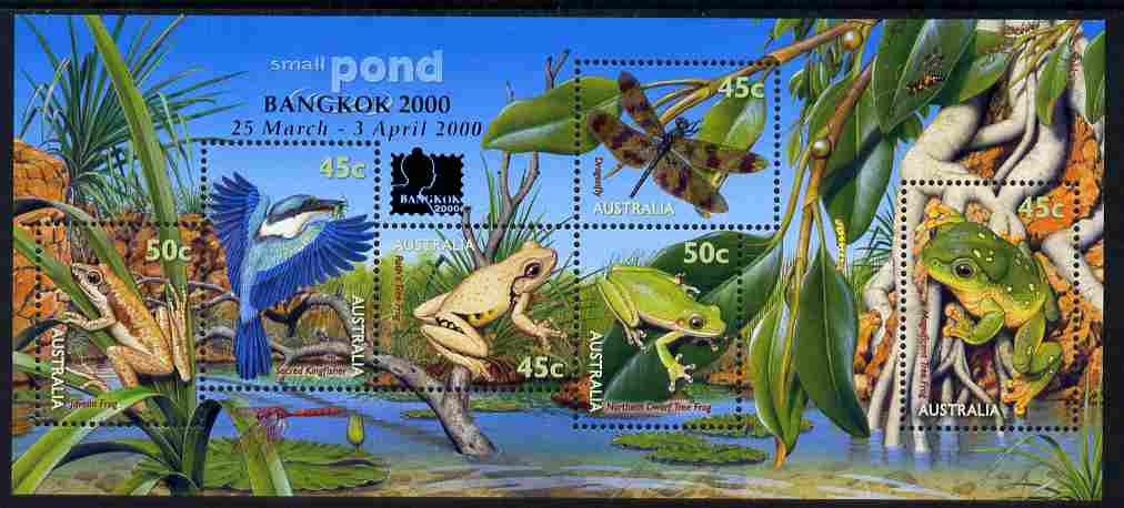 Australia 1999 Small Pond Life m/sheet with Bangkok 2000 imprint unmounted mint, SG MS 1913, stamps on animals, stamps on birds, stamps on kingfishers, stamps on frogs, stamps on insects, stamps on dragonflies, stamps on holograms, stamps on stamp exhibitions