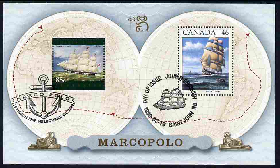 Australia & Canada 1999 Joint issue - Marco Polo m/sheet fine used with each stamp appropriately cancelled, SG MS 1851, stamps on ships, stamps on explorers