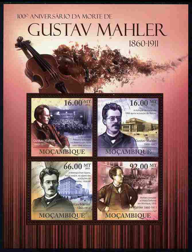 Mozambique 2011 Death Centenary of Gustav Mahler perf sheetlet containing 4 values unmounted mint, stamps on , stamps on  stamps on personalities, stamps on  stamps on music, stamps on  stamps on composers, stamps on  stamps on mahler