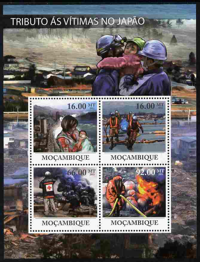 Mozambique 2011 Tribute to Victims of Japan's Earthquake perf sheetlet containing 4 values unmounted mint, stamps on disasters, stamps on fire, stamps on 