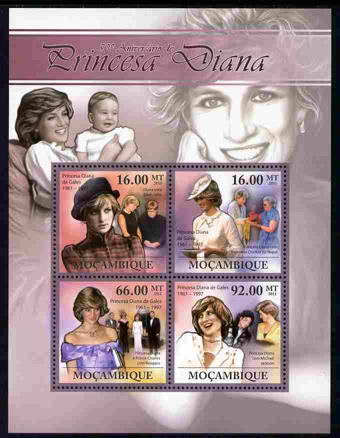 Mozambique 2011 50th Birth Anniversary of Princess Diana perf sheetlet containing 4 values unmounted mint, stamps on , stamps on  stamps on personalities, stamps on  stamps on diana, stamps on  stamps on royalty