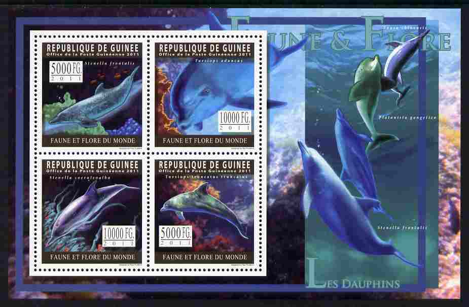 Guinea - Conakry 2011 Dolphins perf sheetlet containing 4 values unmounted mint, stamps on dolphins, stamps on whales