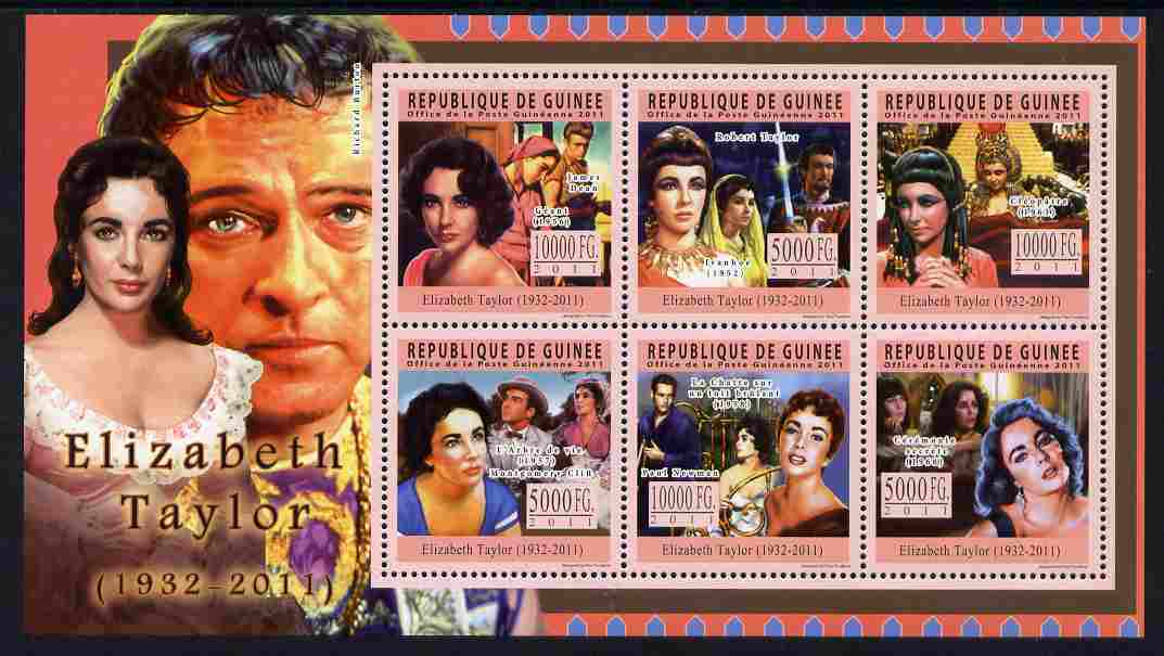 Guinea - Conakry 2011 Tribute to Elizabeth Taylor (actress) perf sheetlet containing 6 values unmounted mint, stamps on personalities, stamps on films, stamps on cinema, stamps on movies, stamps on women