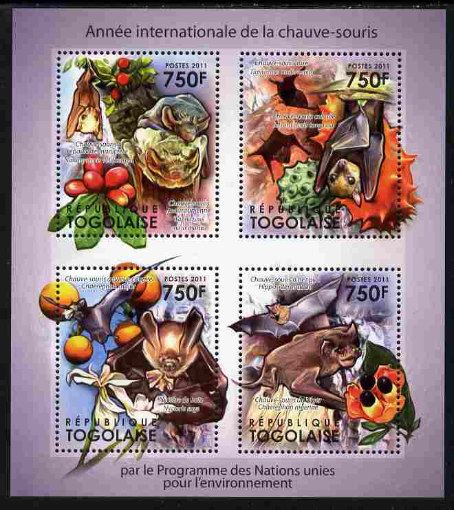 Togo 2011 International Year of Bats perf sheetlet containing 4 values unmounted mint, stamps on mammals, stamps on bats