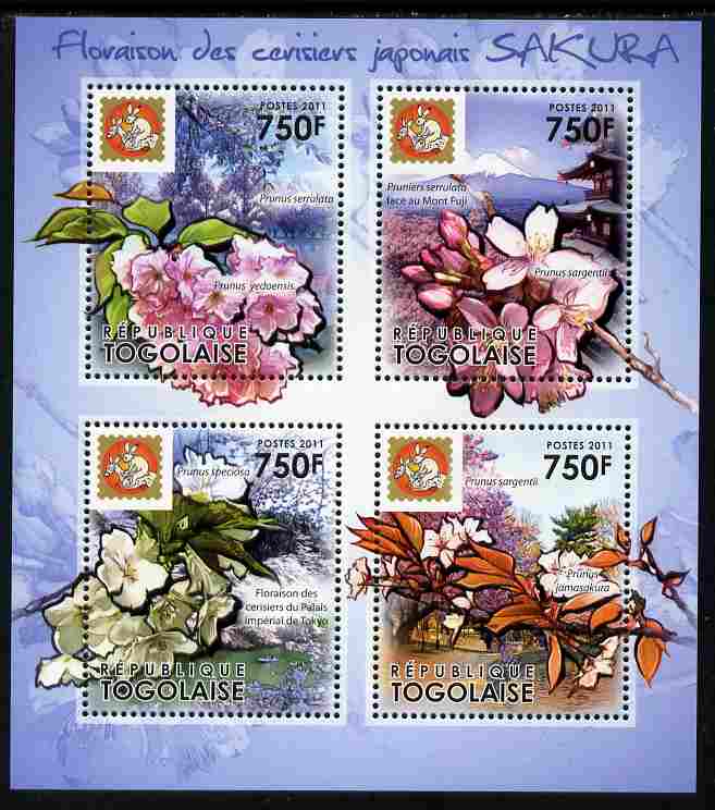 Togo 2011 Japanese Cherry Trees - Sakura perf sheetlet containing 4 values unmounted mint, stamps on trees, stamps on fruit