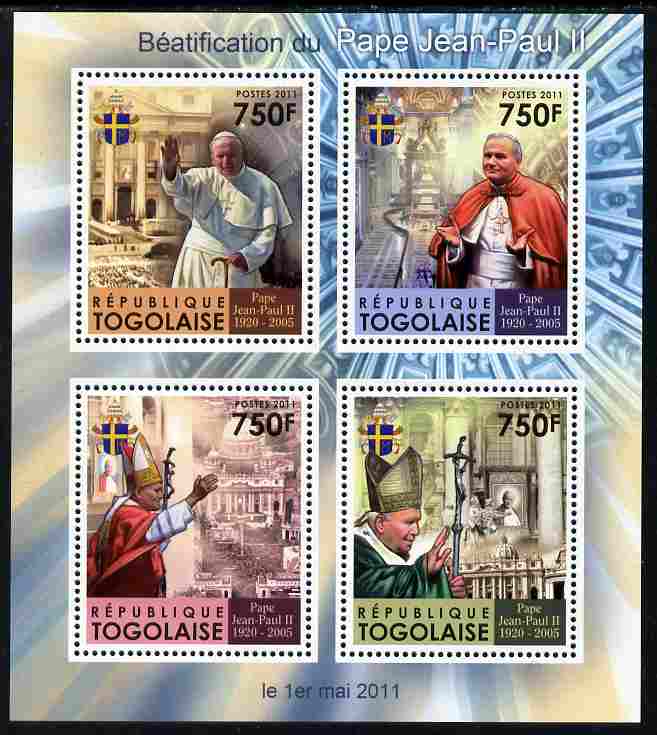Togo 2011 Beatification of Pope John Paul II perf sheetlet containing 4 values unmounted mint, stamps on personalities, stamps on pope, stamps on popes, stamps on religion
